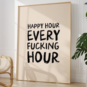 Impresión de hora feliz / Impresión de cocina / Impresión natural y negra / Arte de pared de cocina / Letrero de bar / Póster de cóctel divertido