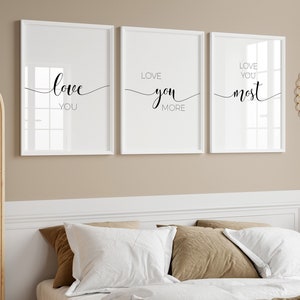 Slaapkamerafdrukken set van 3 | Boven het beddecor | Slaapkamer kunst aan de muur | Ik hou meer van je, hou meer van je print | Over de bedafdrukken | Paren afdrukken