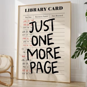Bibliotheekkaart muurkunst | Nog één pagina afdrukken | Muurkunst Reading Nook | Bibliotheekafdruk | Bibliotheekpas esthetiek | Poster boekenliefhebber