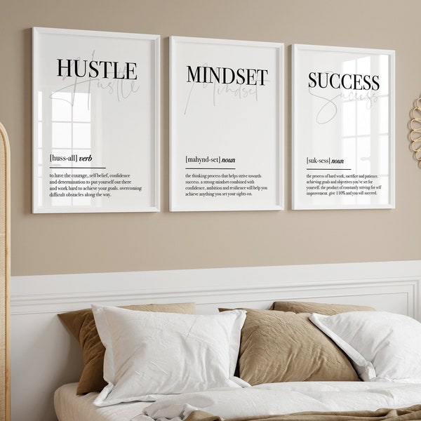 Home Office Set of 3 Prints | Definition Prints | Bedroom Wall Art | Gym Prints | Work From Home Decor | Inspirational Quote Print | Hustle