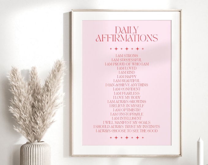 Daily Affirmations Print | Self Love Wall Art | Female Empowerment Print | Positivity Print | Pink Bedroom Wall Decor | Gratitude Print