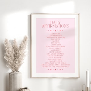 Daily Affirmations Print | Self Love Wall Art | Female Empowerment Print | Positivity Print | Pink Bedroom Wall Decor | Gratitude Print