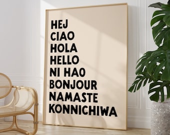 Impresión de "Hola en diferentes idiomas" / Impresión para el pasillo / Decoración de entrada / Arte mural para el hogar / Regalo para un nuevo hogar