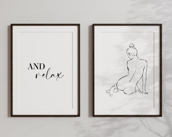 Badezimmer Drucke 2er Set | Badezimmer Druck | Badezimmer Wandkunst | Frauenfigur | Weibliche Linie Kunst Badezimmer | And Relax Print | Badezimmer Dekor