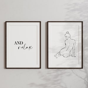 Bathroom Prints Set of 2 | Bathroom Print | Bathroom Wall Art | Woman Figure | Female Line Art Bathroom | And Relax Print | Bathroom Decor