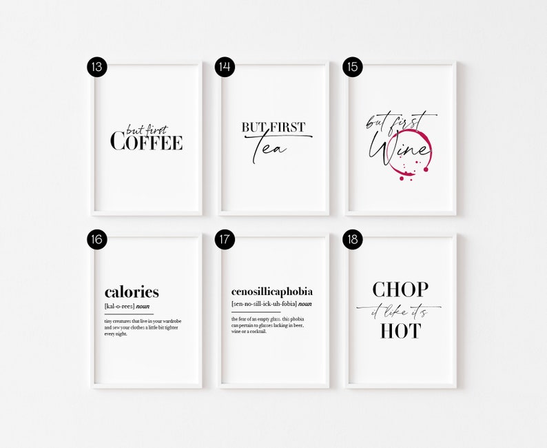 May include: Set of 6 printable wall art prints with white frames and black text. The prints feature humorous sayings about coffee, tea, wine, calories, and food. The prints are numbered 13 through 18.