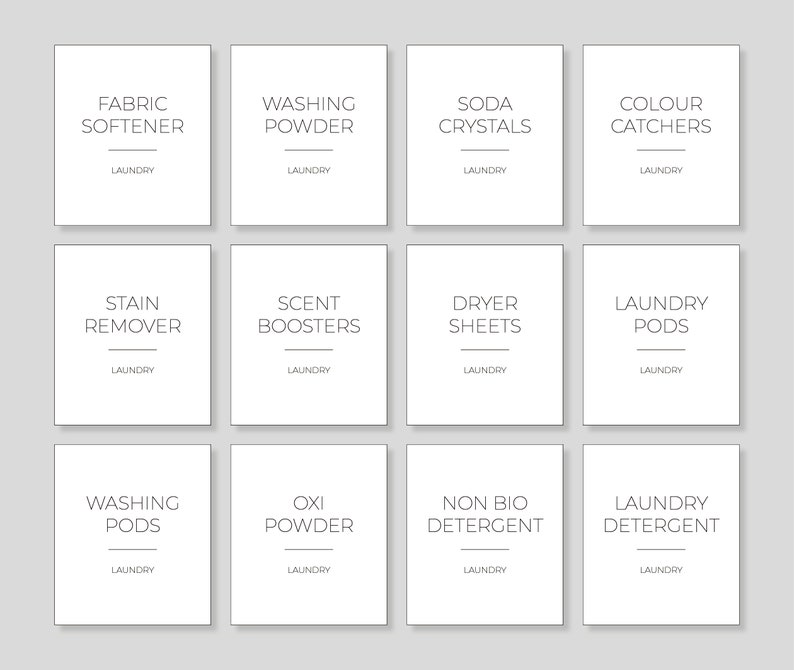 May include: Twelve white square labels with black text for laundry supplies. The labels include: Fabric Softener, Washing Powder, Soda Crystals, Colour Catchers, Stain Remover, Scent Boosters, Dryer Sheets, Laundry Pods, Washing Pods, Oxi Powder, Non Bio Detergent, Laundry Detergent.