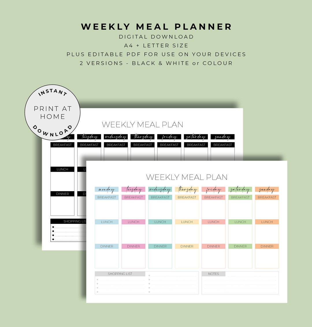 Meal Plan Template | Weekly Food Diary Printable | Meal Tracker | Food ...