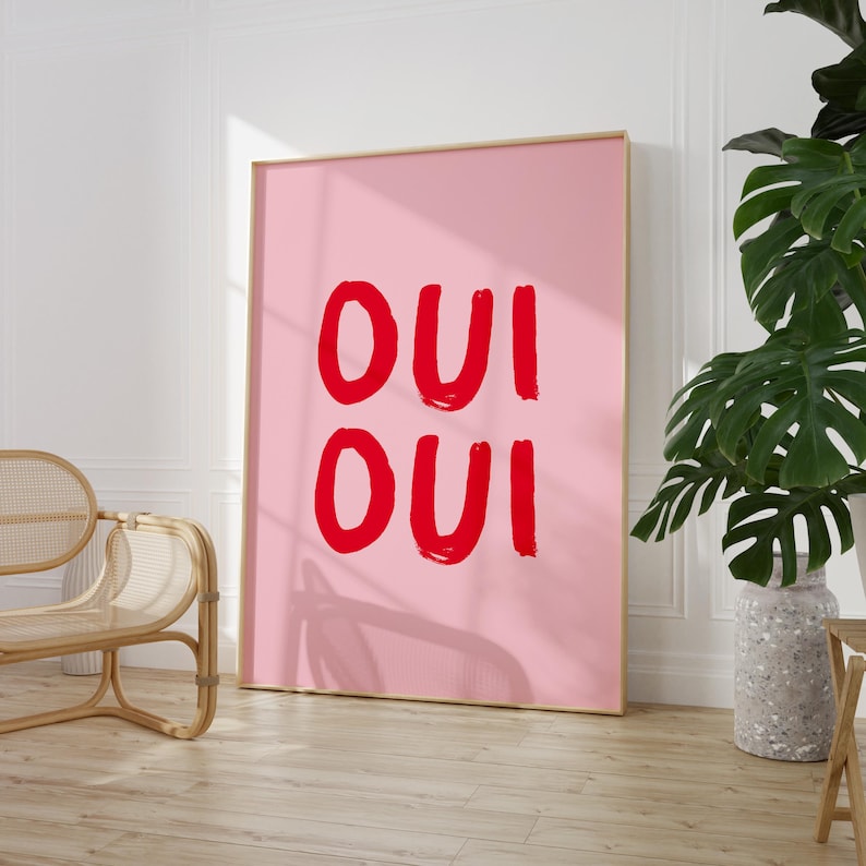 May include: A pink framed poster with the text "OUI OUI" written in red paint.