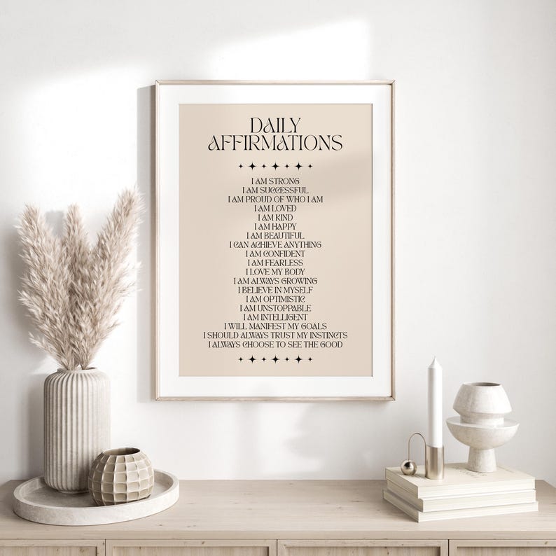 Daily Affirmations Print | Self Love Wall Art | Female Empowerment Print | Positivity Print | Pink Bedroom Wall Decor | Gratitude Print Natural