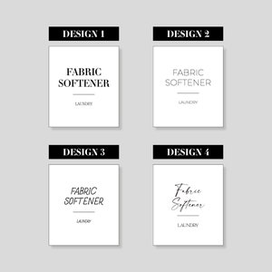 May include: Four different designs for a laundry label that says "Fabric Softener" with the word "Laundry" underneath. The designs vary in font style and size.