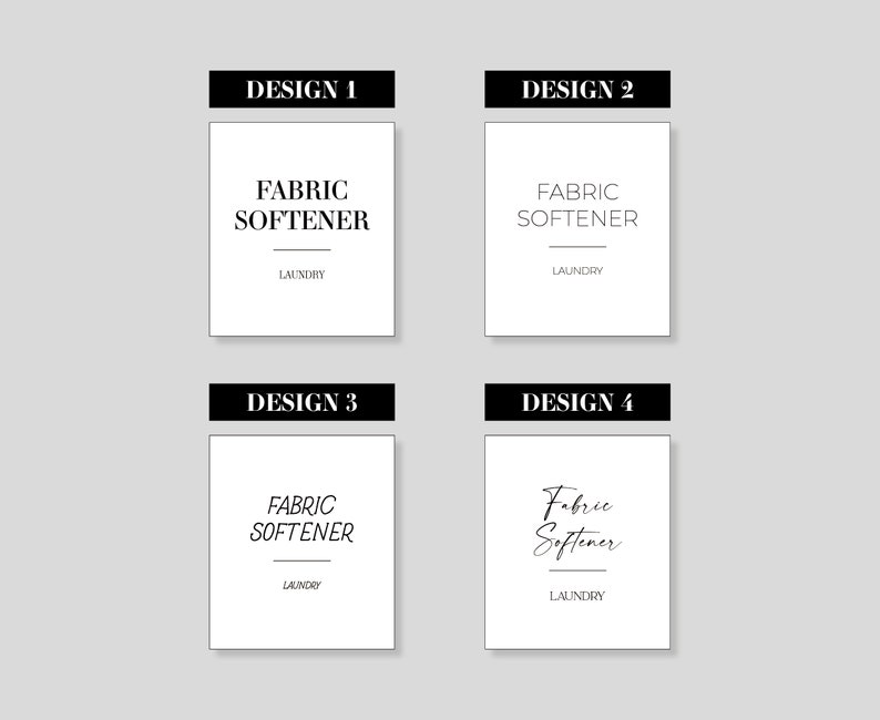 May include: Four different designs for a laundry label that says "Fabric Softener" with the word "Laundry" underneath. The designs vary in font style and size.