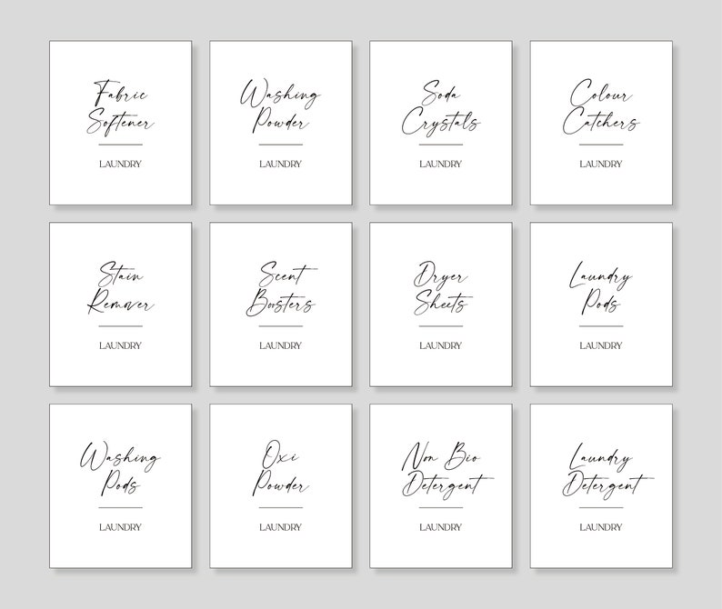 May include: Twelve white square labels with black text, each with a different laundry product name. The labels are arranged in three rows of four. The labels read: "Fabric Softener", "Washing Powder", "Soda Crystals", "Colour Catchers", "Stain Remover", "Scent Boosters", "Dryer Sheets", "Laundry Pods", "Washing Pods", "Oxi Powder", "Non Bio Detergent", "Laundry Detergent".
