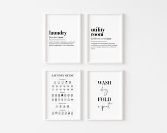 Laundry Prints Set Of 4 | Utility Room Definition Wall Art | Laundry Guide | Washing Ironing Drying | Wash Dry Fold Repeat | Home Print