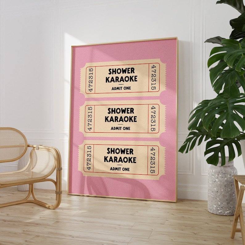 May include: Three vintage-style ticket stubs with the text "Shower Karaoke" and "Admit One" on a pink background.