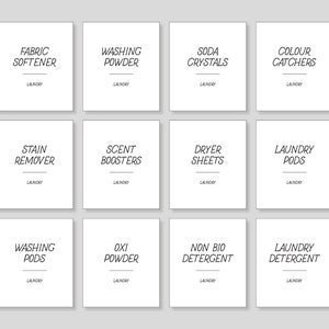 May include: Twelve white square labels with black text for laundry products. The labels include: Fabric Softener, Washing Powder, Soda Crystals, Colour Catchers, Stain Remover, Scent Boosters, Dryer Sheets, Laundry Pods, Washing Pods, Oxi Powder, Non Bio Detergent, Laundry Detergent.