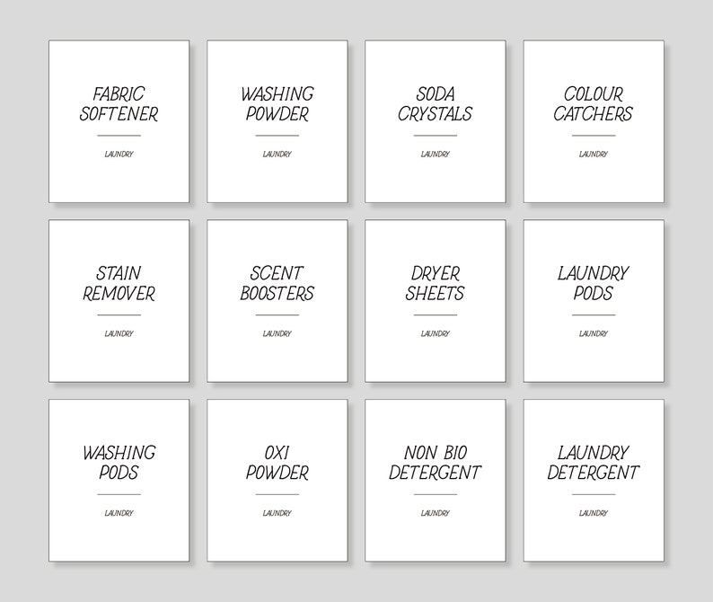 May include: Twelve white square labels with black text for laundry products. The labels include: Fabric Softener, Washing Powder, Soda Crystals, Colour Catchers, Stain Remover, Scent Boosters, Dryer Sheets, Laundry Pods, Washing Pods, Oxi Powder, Non Bio Detergent, Laundry Detergent.