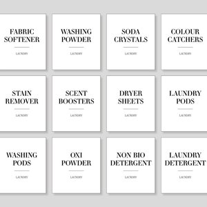 May include: Twelve white square labels with black text for laundry supplies. The labels include: Fabric Softener, Washing Powder, Soda Crystals, Colour Catchers, Stain Remover, Scent Boosters, Dryer Sheets, Laundry Pods, Washing Pods, Oxi Powder, Non Bio Detergent, Laundry Detergent.