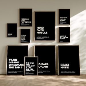 Väggkonst med gymmotiv, 10 tryck | Heminredning med gymmotivation | Motiverande fitnessposters | Väggkonst med träningscitat | Digital nedladdning | Svart gymposter