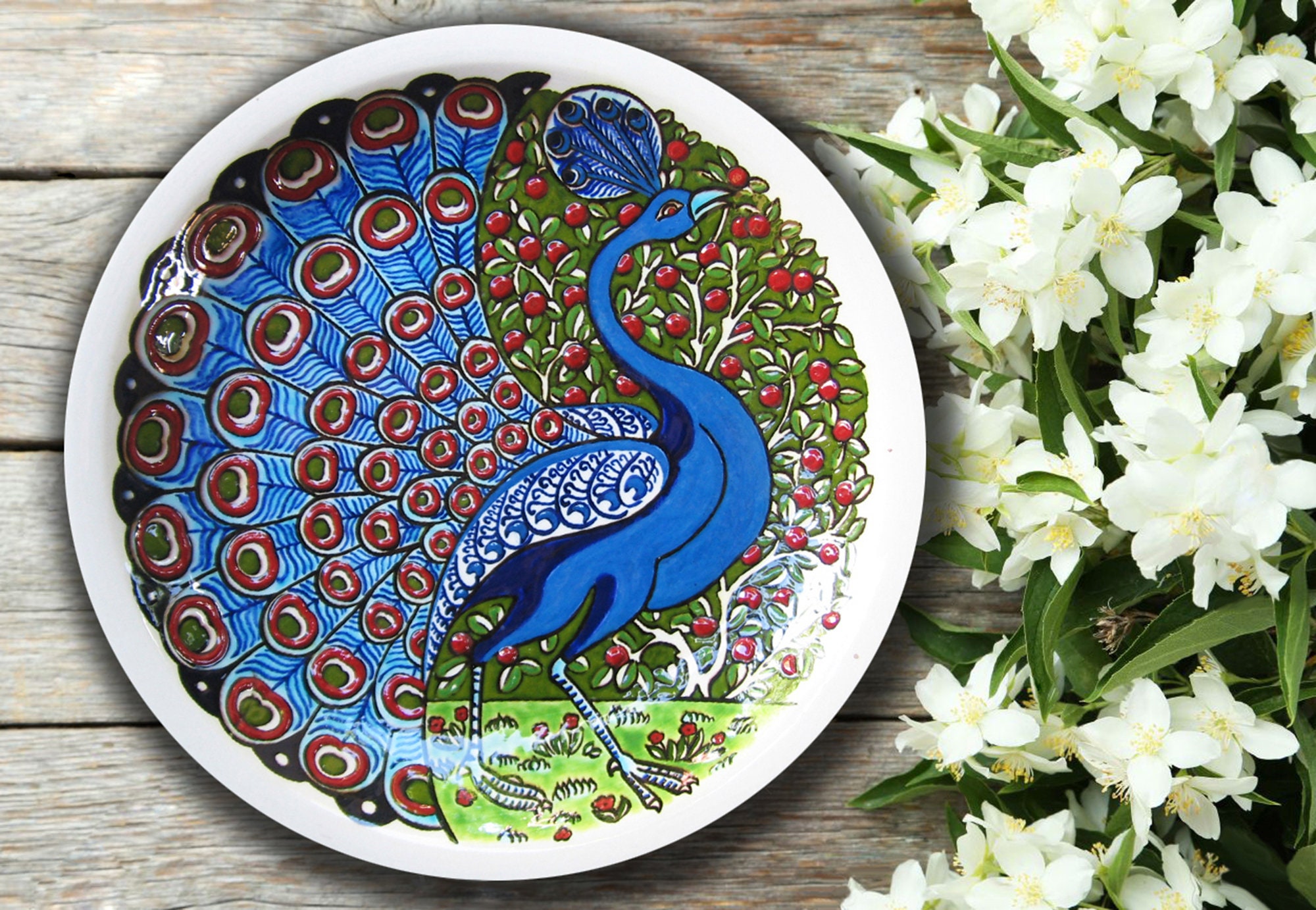 Peacock Ceramic Wall Plate Decorative Plate Blue Peacock Etsy