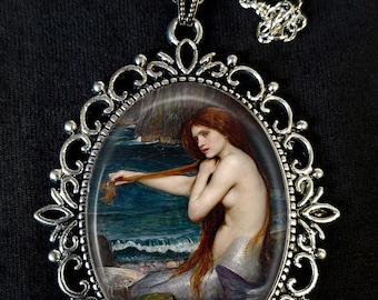 J.W. Waterhouse Mermaid Large Antique Silver Pendant Necklace Earrings Pre-Raphaelite Half Sick Shadows Ophelia Pandora's Box