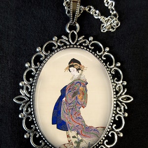 Tayu com Phoenix Robe antigo pingente de prata colar brincos pintura japonesa do século XIX mulher