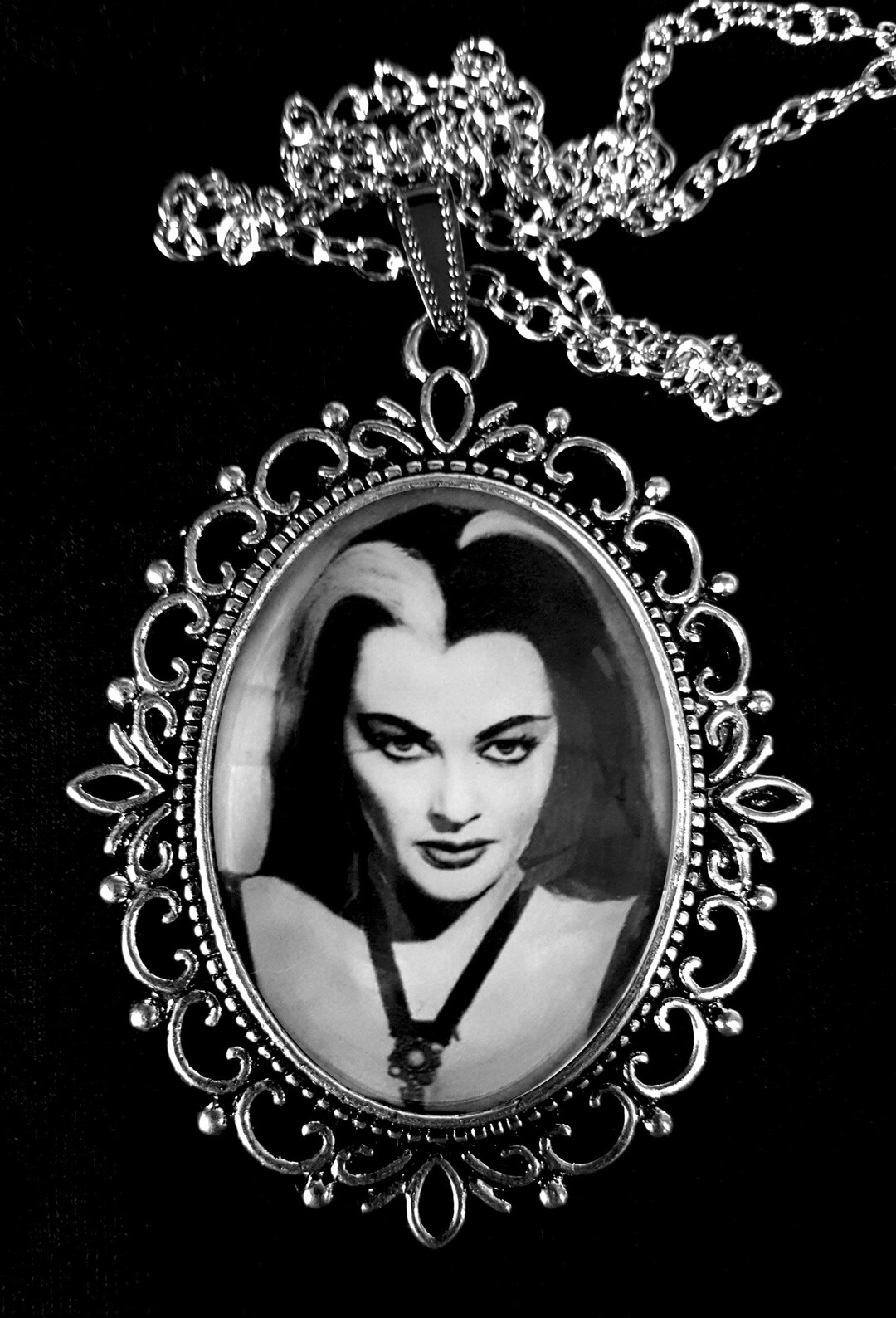 Lily Munster Large Antique Silver Pendant Necklace Earrings Etsy