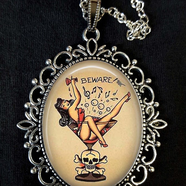 Martini Girl Beware PIN UP GIRL Tattoo Large Antique Silver Pendant Necklace Earrings Rockabilly 1950's Traditional Design Hula Banjo Hawaii