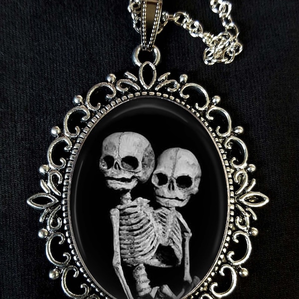 Siamese Twins Skeleton Large Antique Silver Pendant Brooch Necklace Earrings Cufflinks Goth Weird Unusual