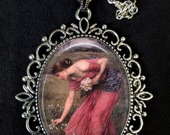 J W Waterhouse Narcissus 1912 Large Antique Silver Pendant Necklace Earrings Pre-Raphaelite Pandora's Box Sick of Shadows Ophelia