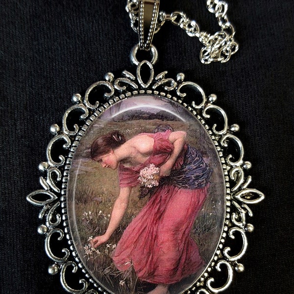 J W Waterhouse Narcissus 1912 Large Antique Silver Pendant Necklace Earrings Pre-Raphaelite Pandora's Box Sick of Shadows Ophelia