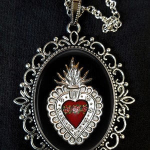 Sacred Heart Large Antique Silver Pendant Necklace Earrings Mexico Milagros Artesa Tin Folk Art