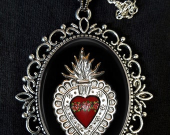 Sacred Heart Large Antique Silver Pendant Necklace Earrings Mexico Milagros Artesa Tin Folk Art