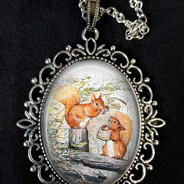 Squirrel Nutkin and Twinkleberry Antique Silver Pendant Necklace Earrings Beatrix Potter Peter Rabbit Squirrels