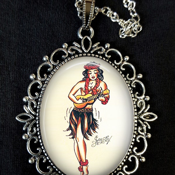 1950s Hula Banjo Hawaii PIN UP GIRL Tattoo Large Antique Silver Pendant Necklace Earrings Sailor Jerry Rockabilly 1950's Traditional Design