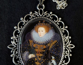 Queen Elizabeth 1st Ermine Hilliard Portrait Large Antique Silver Pendant Necklace Earrings Henry 8th Queen England Tudor 16th Century