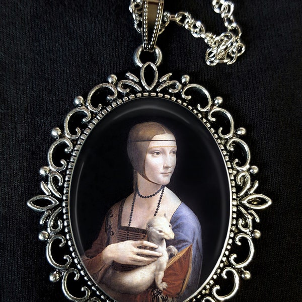 Lady with an Ermine Da Vinci Large Antique Silver Pendant Necklace Earrings Cufflinks Brooch Vermeer Portrait Girl with a Pearl Earring