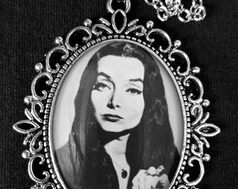 Morticia Addams Family Large Antique Silver Pendant Necklace Earrings Goth 1960s TV