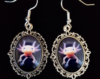 Axolotl Antique Silver Drop Earrings Large Pendant Necklace Brooch Cufflinks Salamander Amphibian Mexican Walking Fish Neotenic