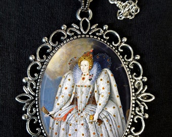 Queen Elizabeth 1st Ditchley Portrait Large Antique Silver Pendant Necklace Earrings Henry 8th Queen England Tudor 16th Century Portrait