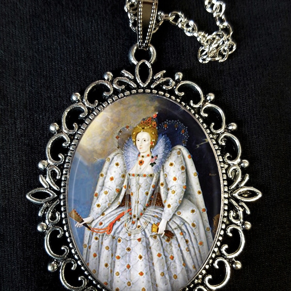 Königin Elizabeth 1. Ditchley Porträt Große antike Silber Anhänger Halskette Ohrringe Henry 8. Königin England Tudor 16.Jahrhundert Porträt