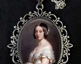 Queen Victoria Large Antique Silver Pendant Necklace Portrait Earrings Franz Xaver Winterhalter Official Portrait 1842 Neo-Rococo