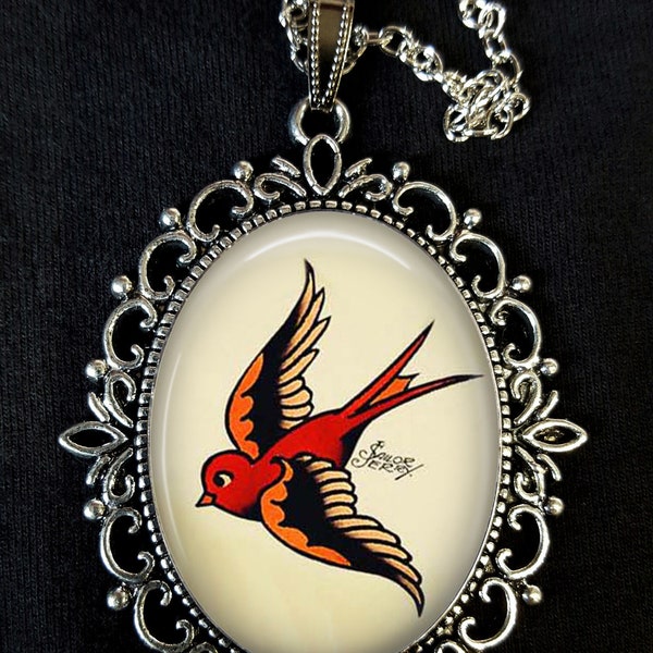 SWALLOW TATTOO Large Antique Silver Pendant Necklace Earrings Sailor Jerry Bird Rockabilly 50s Nautical 1950's Traditional Design