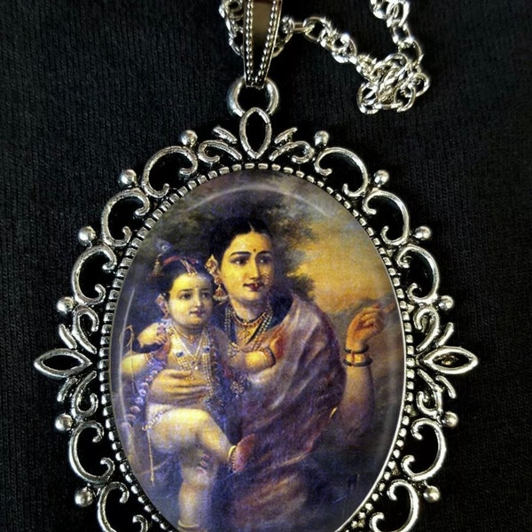 Krishna and Yashoda Raja Ravi Varma Large Silver Pendant Necklace Earrings Brooch Cufflinks 19thCentury Indian Religious Art Hinduism Hindu
