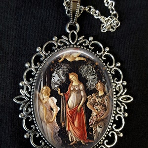 Botticelli Primavera Birth of Venus Idealized Portrait Lady Large Antique Silver Pendant Necklace Earrings 15th Century Italian Renaissance