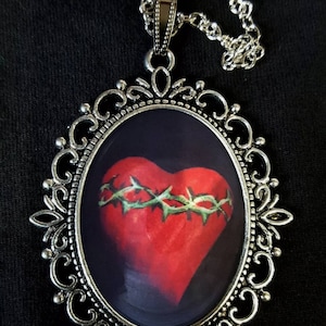 Folk Art Sacred Heart Large Antique Silver Pendant Necklace Earrings Mexico Milagros Artesa Wooden Heart Barbed Wire