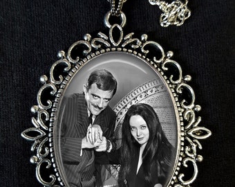 Morticia + Gomez Addams Family Large Antique Silver Pendant Necklace Earrings 60s TV Series Goth