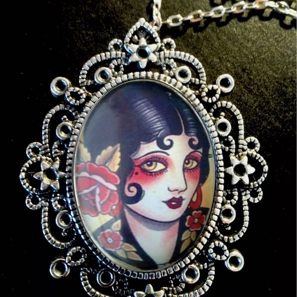 Pin Up Tattoo Girl Large Antique Silver Pendant Brooch Necklace Earrings Rockabilly