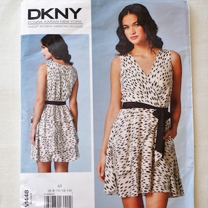 Women dress with flounces on the skirt Pattern, Vogue 1448, DKNY Donna Karan New York Designer, Size 10