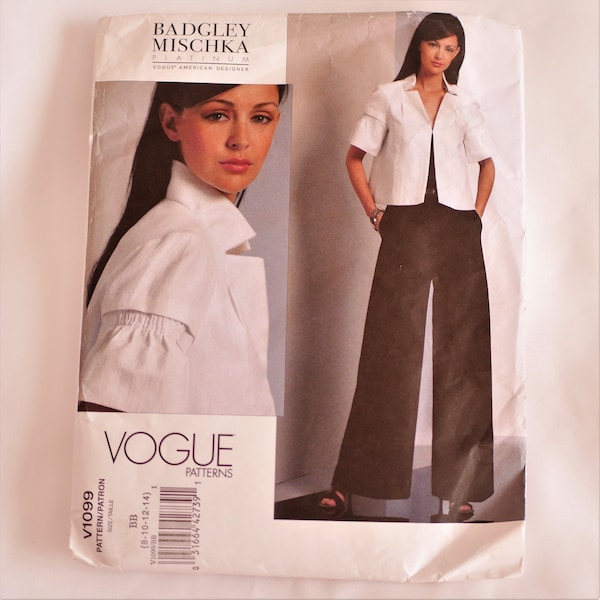 Patron Veste et Pantalon Vogue 1099, Badgley Mischka designer américain, taille française 36 à 42 pour la veste, 38 le pantalon